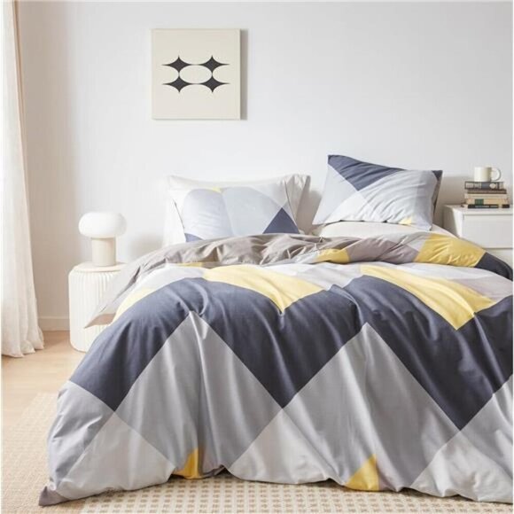 Duvet Cover 3 Pieces Set 1 Vintage Triangle Pattern Duvet Cover - Yellow Grey Ge